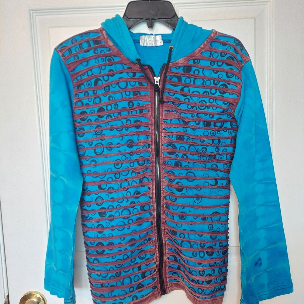 The Collection Royal Blue Brown 80's Boho Hippie Festival Full Zip Hoodie Sz S
